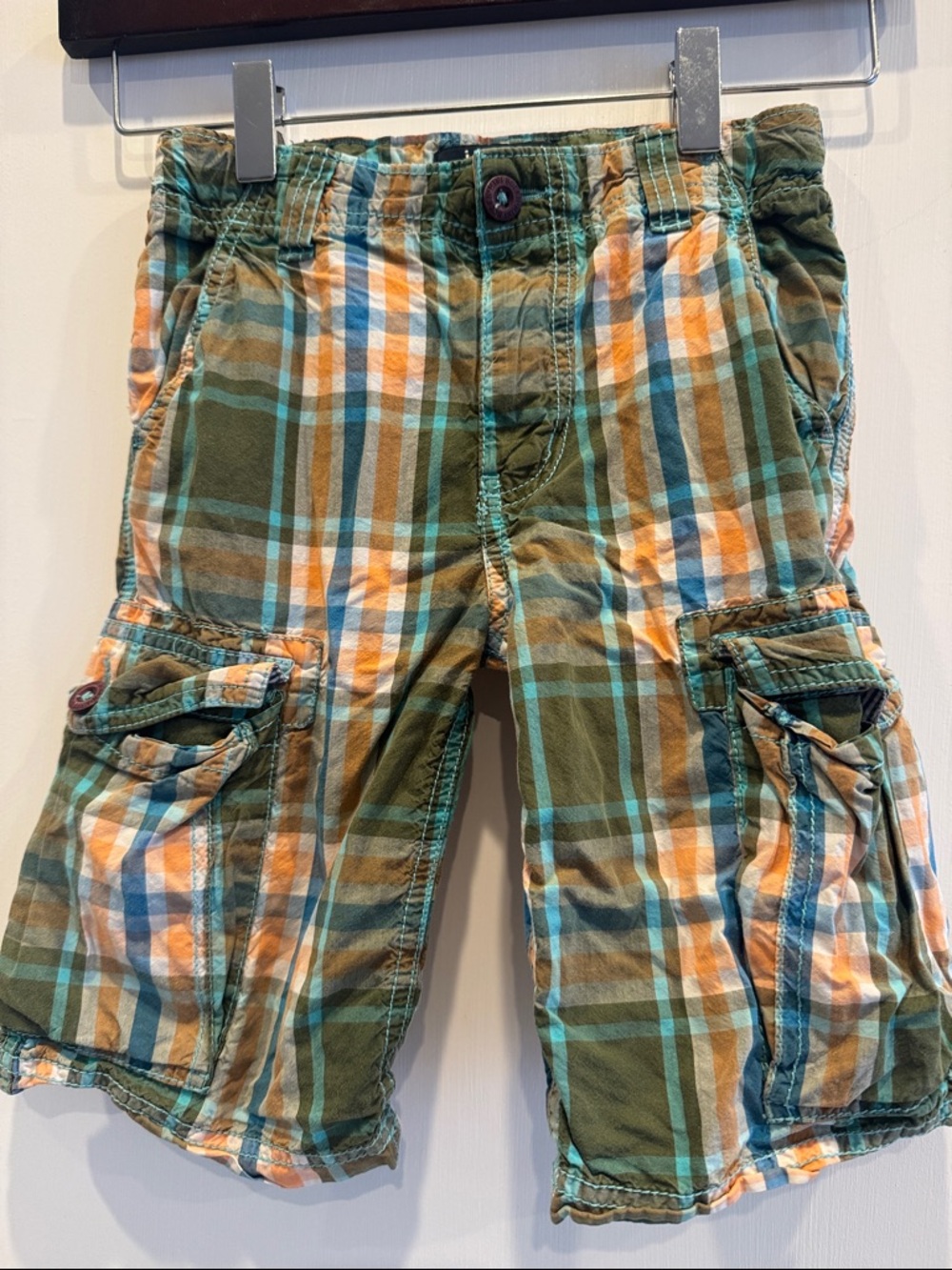 Mini Boden Olive, Orange & Teal Plaid Cargo Shorts